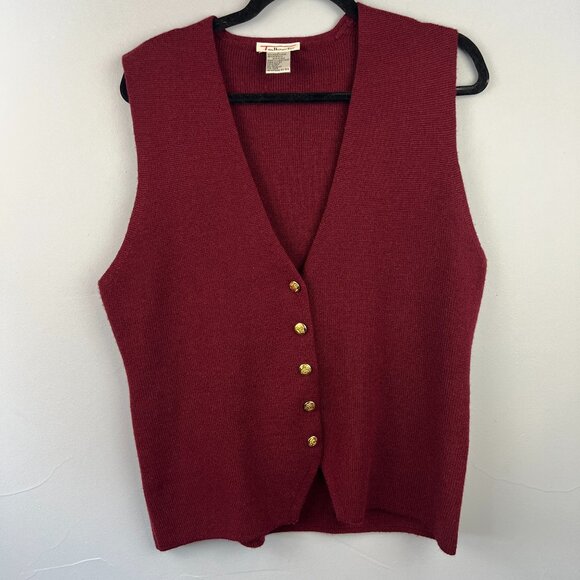 Talbots Wool Blend Burgundy Sweater Vest Size L Gold Embossed Buttons Career - Picture 1 of 4